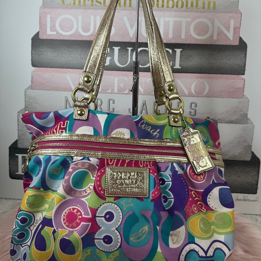 Coach Poppy Multicolor Circular Print Shoulder Bag with Gold Accents
